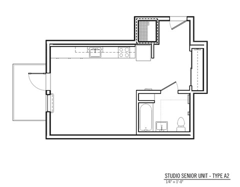 A floor plan of a studio senior unit type A2 with a 1/4th scale of 1:0.